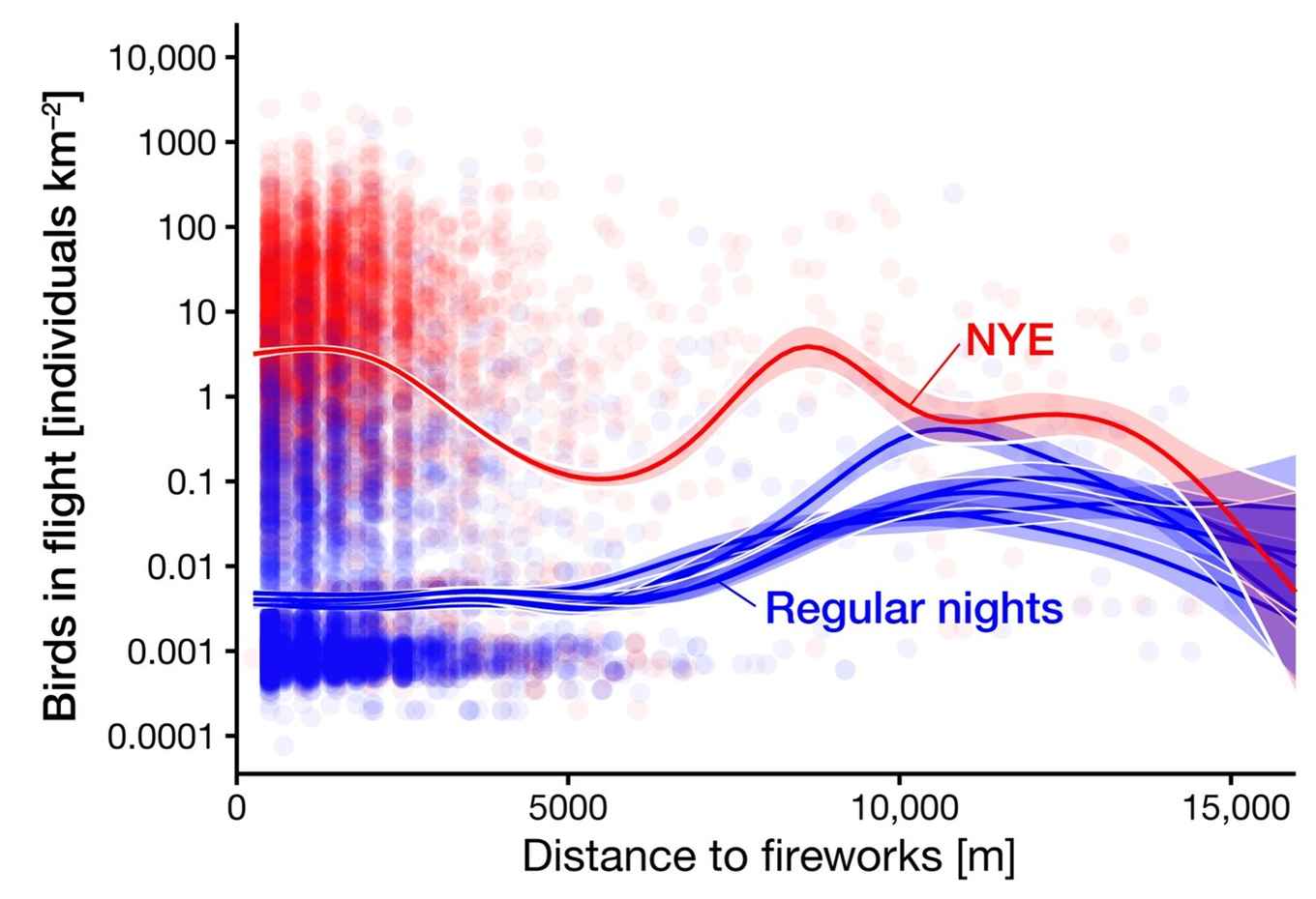 Densities of birds (birds per km2) that take off as a result of fireworks on New Year's Eve (red, NYE) and on normal winter nights (blue, regular nights). Only once you reach 10 km from fireworks is the number of birds in flight comparable to that on normal nights.